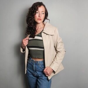 Peck & Peck Cream Leather Jacket Leopard Lining Size M Minimalist Mobwife